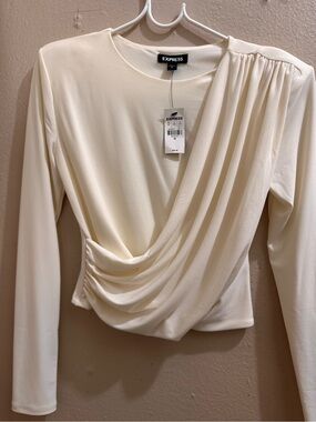 Express Cream Draped Crossover Long Sleeve Top